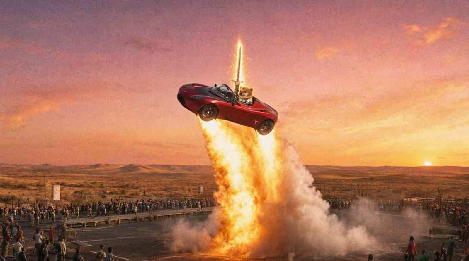 Roadster lifting off from a desert launch pad on a column of fire