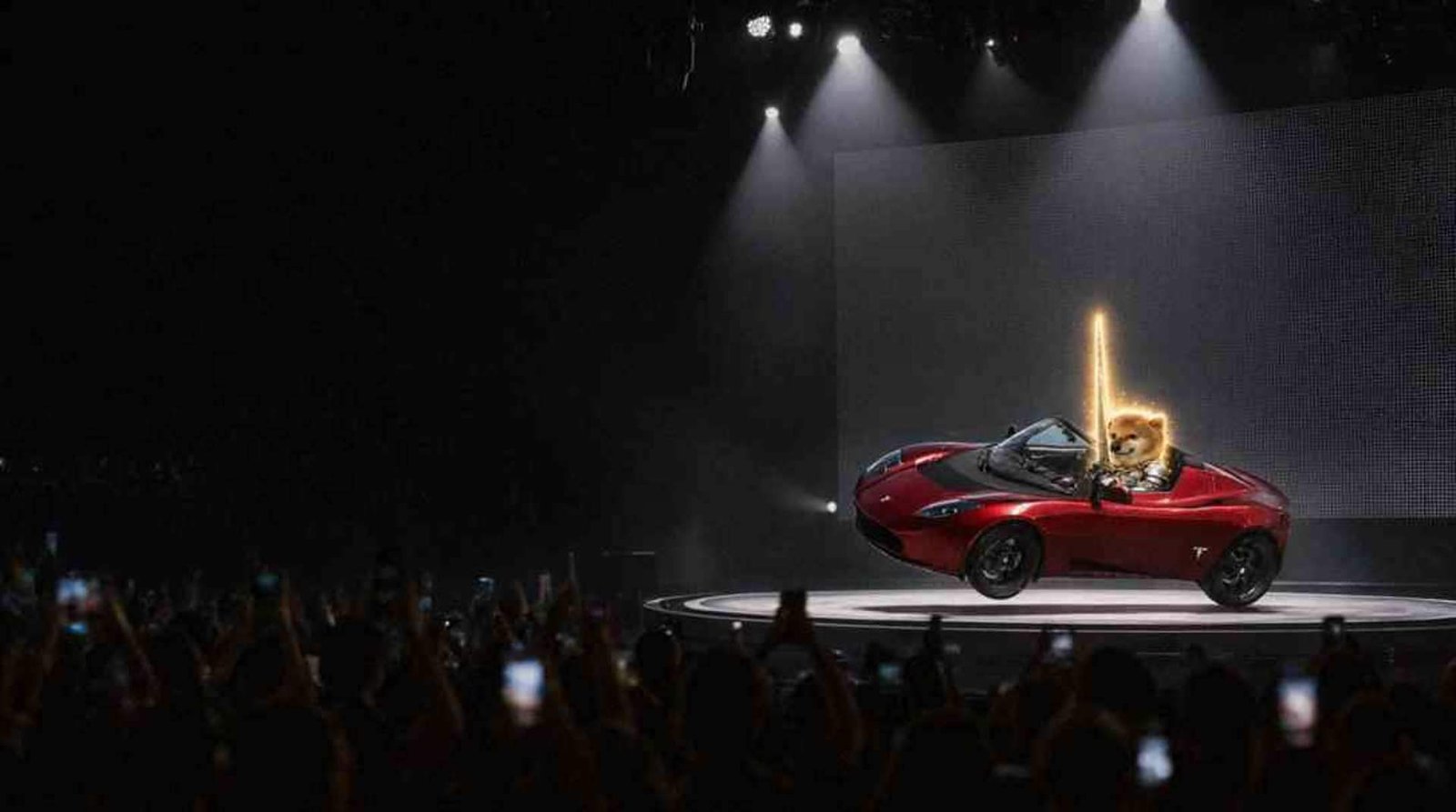 Red roadster on a launch stage with a tiny armored shiba holding a glowing sword